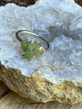 Green Raw Stone Sterling Silver Solitaire Ring - Women Jewelry